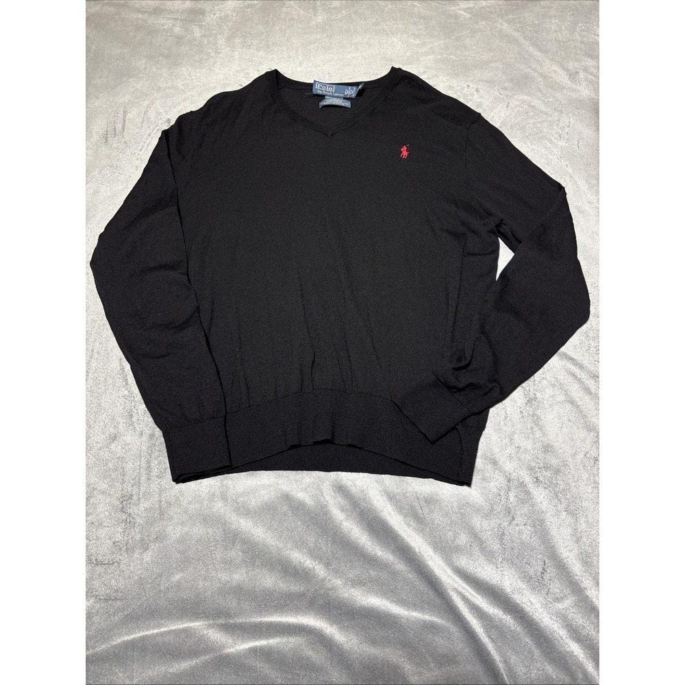 Polo Ralph Lauren Custom Fit Mens XL Black Merino Wool Sweater Hole